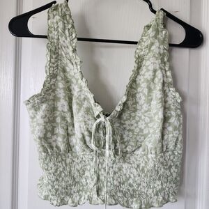 Ambiance Green and White Ruffled Tie Front Crop Tank Top